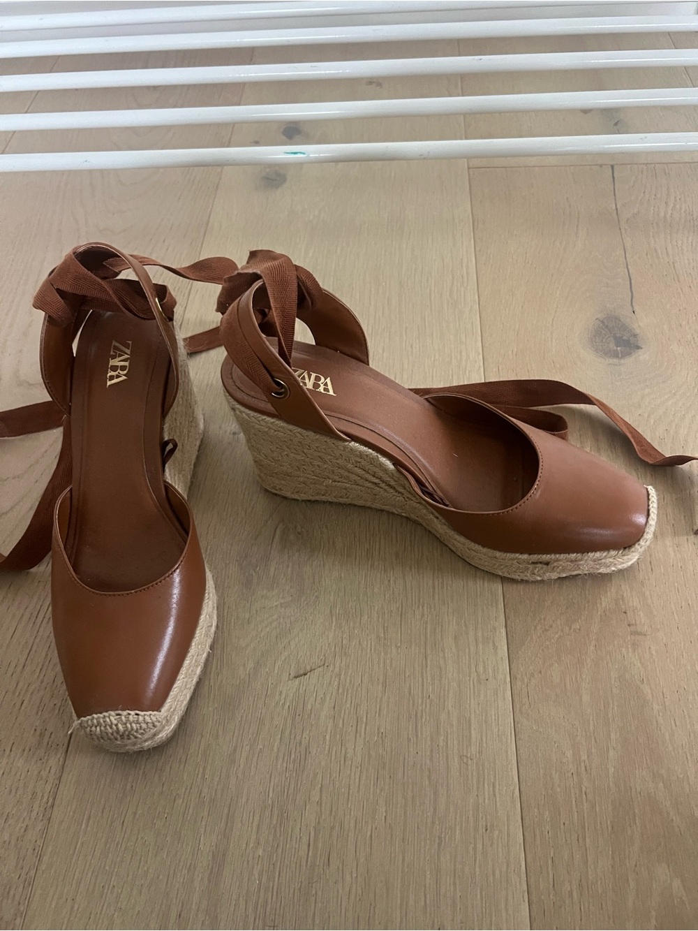 Zara Tan Leather Espadrille Ankle-Tie Flats - Picture 2 of 3